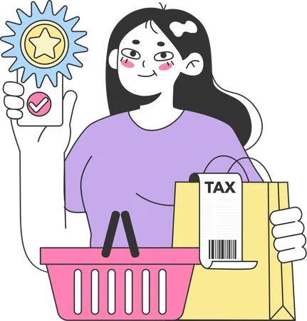 Mujer paga impuesto sobre la renta por compras  Ilustración