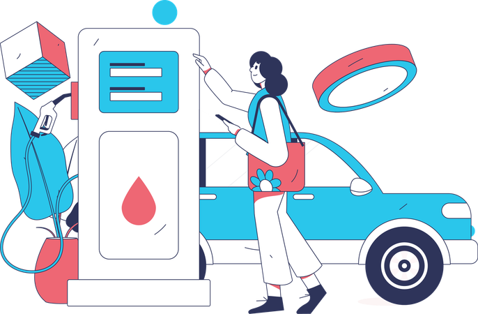 Mujer paga moneda en estación petrolera  Ilustración
