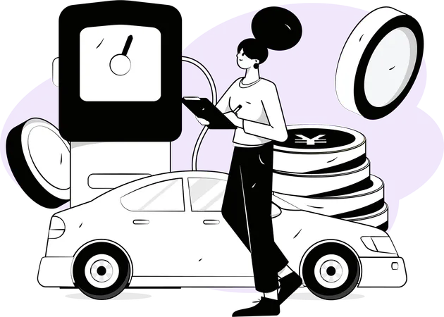 Una mujer paga yenes por gasolina  Ilustración