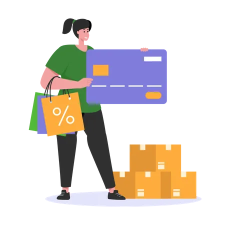 Mujer pagando sus compras mediante pago con tarjeta  Ilustración