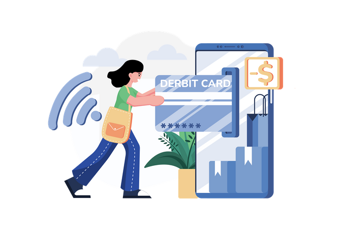Mujer pagando en línea con tarjeta de débito  Ilustración