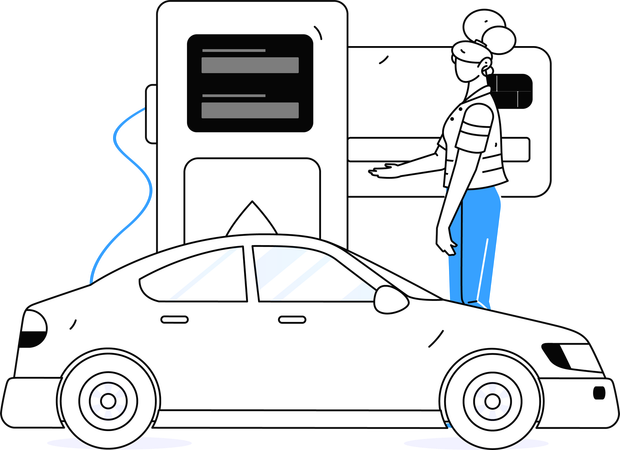 Mujer pagando la factura de la tarjeta de crédito en la gasolinera  Ilustración