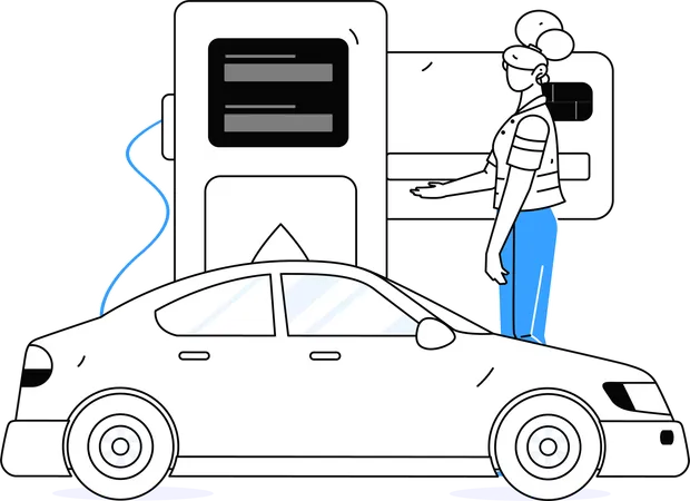 Mujer pagando la factura de la tarjeta de crédito en la gasolinera  Ilustración