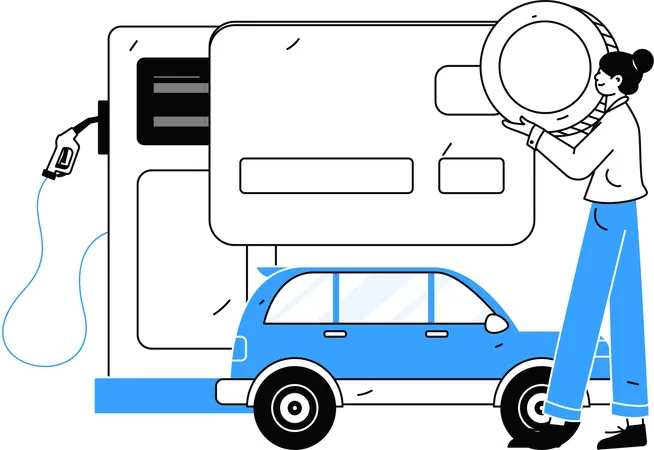 Mujer pagando facturas de combustible a través de tarjeta de cajero automático  Illustration