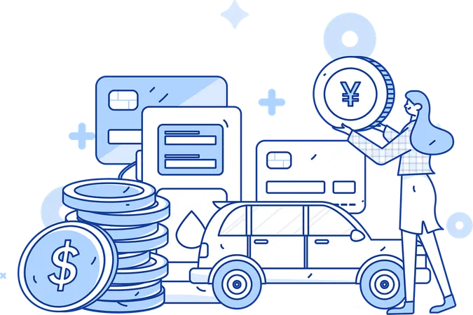 Mujer pagando facturas de combustible en la estación  Illustration