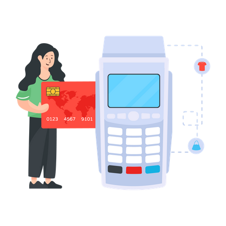 Mujer pagando a través de terminal de pago Pos  Ilustración