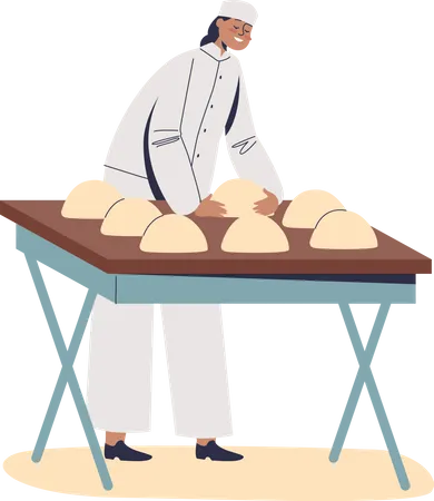 Mujer panadera amasando y enrollando masa para hornear pan  Ilustración