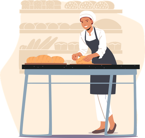Panadero femenino haciendo masa de pan  Ilustración