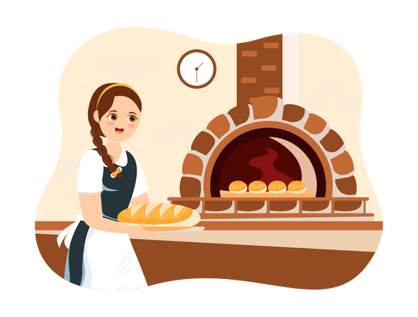 Mujer panadero horneando pan  Ilustración