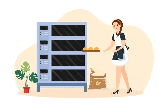 Mujer panadero horneando pan  Ilustración