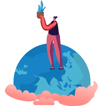 Mujer parada en el globo terráqueo sosteniendo una planta en maceta en las manos  Ilustración