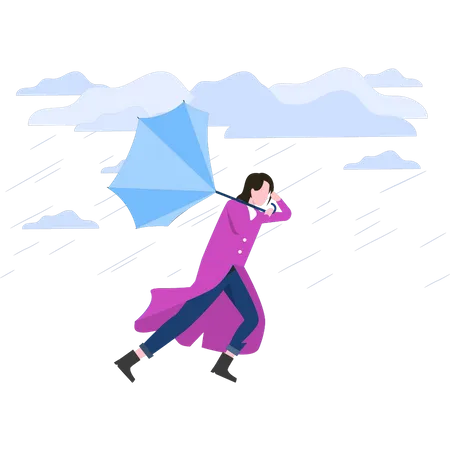 Mujer paraguas arrastrado por la tormenta  Ilustración