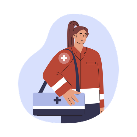 Mujer paramédica sosteniendo bolsa de primeros auxilios  Ilustración