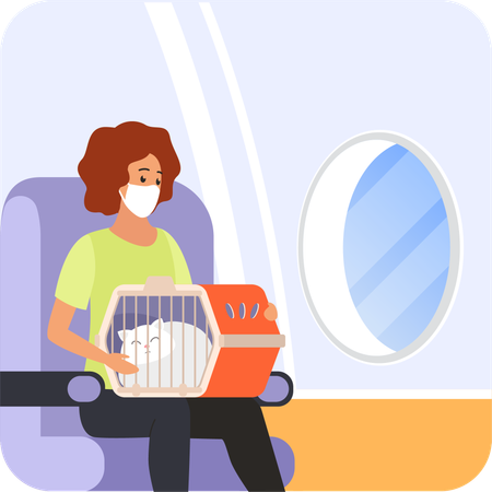 Mujer pasajera con gato en vuelo  Ilustración