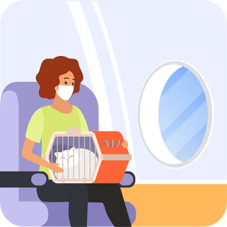 Mujer pasajera con gato en vuelo  Ilustración