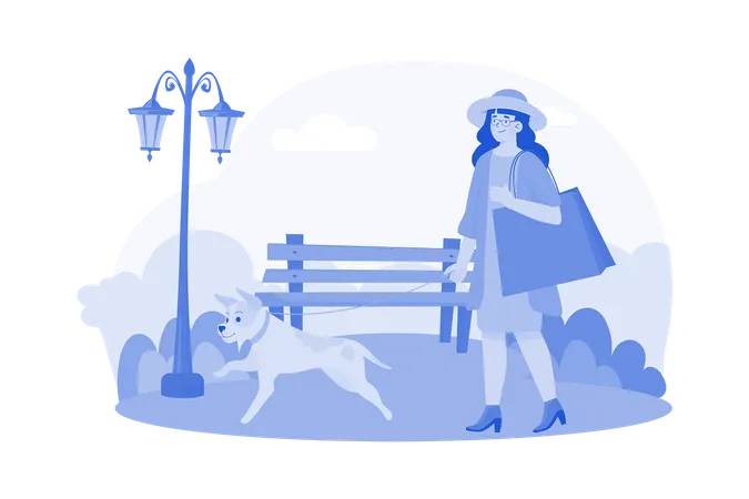 Mujer camina con su perro en el parque  Ilustración