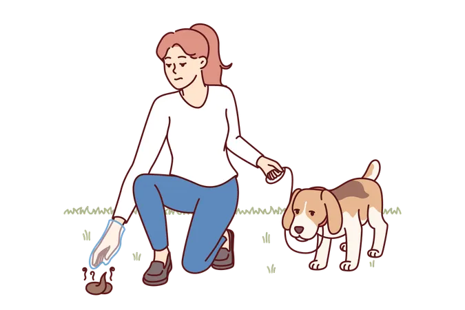 Mujer pasea a su perro con una bolsa para excrementos y recoge heces del suelo  Ilustración
