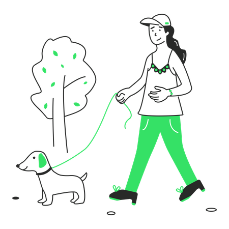 Mujer paseando a su perro en el parque  Ilustración