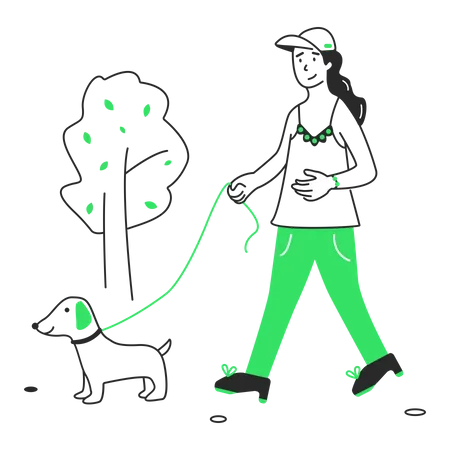 Mujer paseando a su perro en el parque  Ilustración