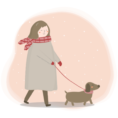 Mujer paseando al perro  Ilustración