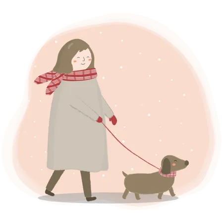 Mujer paseando al perro  Ilustración