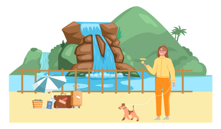 Mujer paseando con perro de vacaciones  Ilustración
