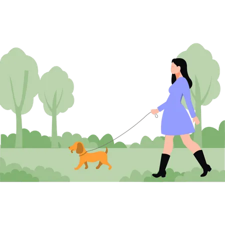 Mujer caminando con perro en el parque  Ilustración