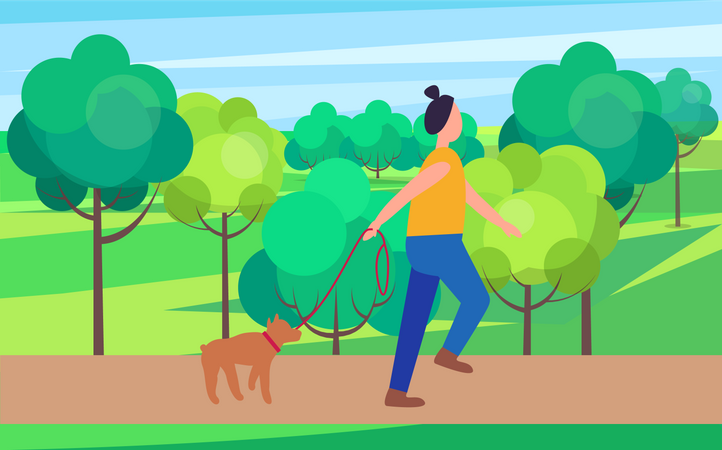 Mujer caminando con perro en el parque  Ilustración