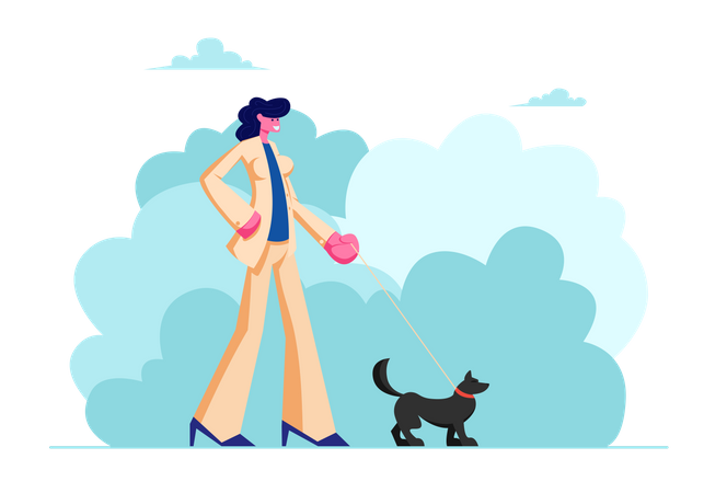 Mujer caminando con perro en el parque público de la ciudad  Ilustración