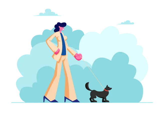 Mujer caminando con perro en el parque público de la ciudad  Ilustración