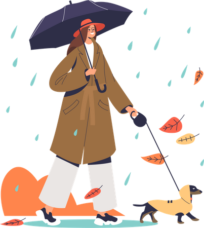 Mujer paseando con perro mientras llueve  Ilustración