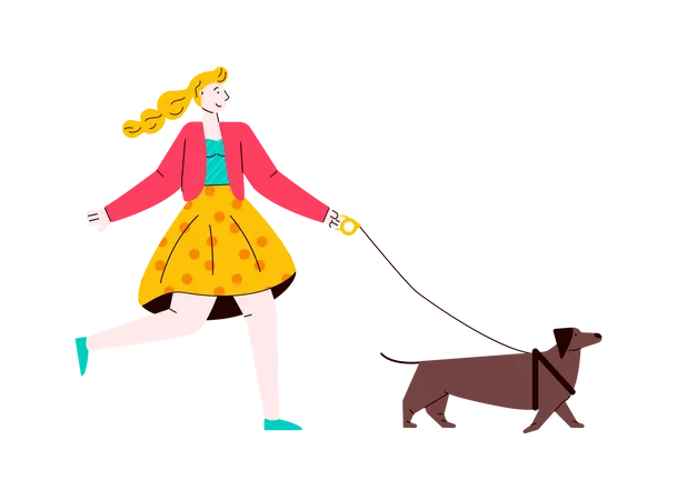 Mujer paseando con su perro  Ilustración