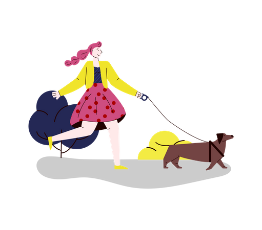 Mujer paseando con su perro  Ilustración