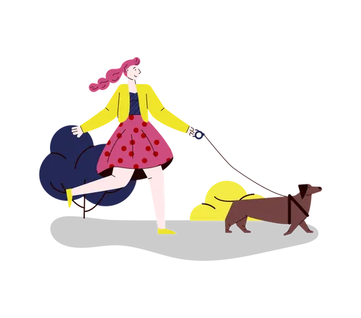 Mujer paseando con su perro  Ilustración