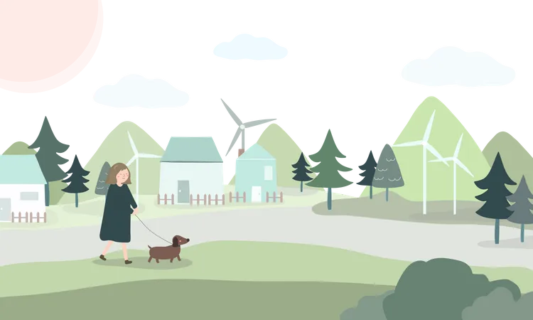 Mujer paseando con un perro  Ilustración