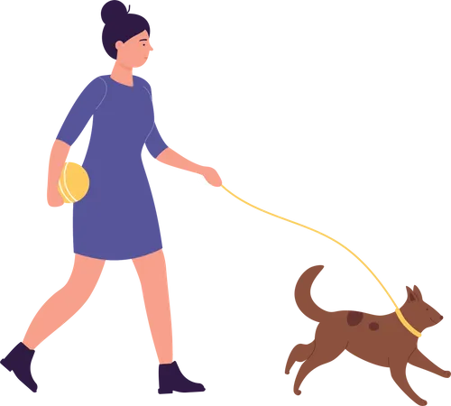 Mujer paseando perro mascota  Ilustración