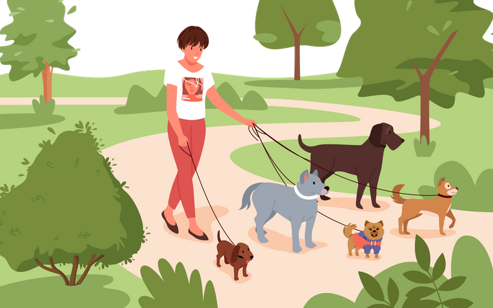 Mujer caminando en mascotas al aire libre  Ilustración