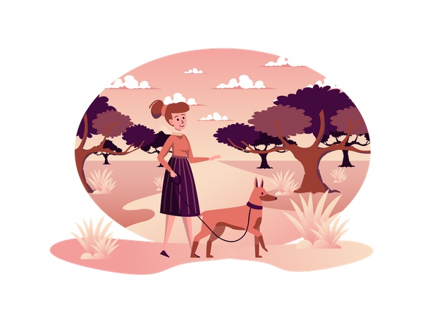 Mujer paseando a un perro en el parque de otoño  Ilustración