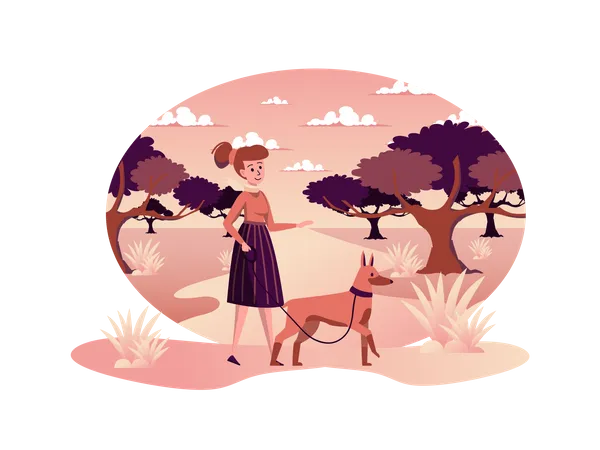 Mujer paseando a un perro en el parque de otoño  Ilustración
