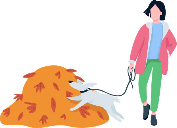 Mujer camina con mascota en otoño  Ilustración