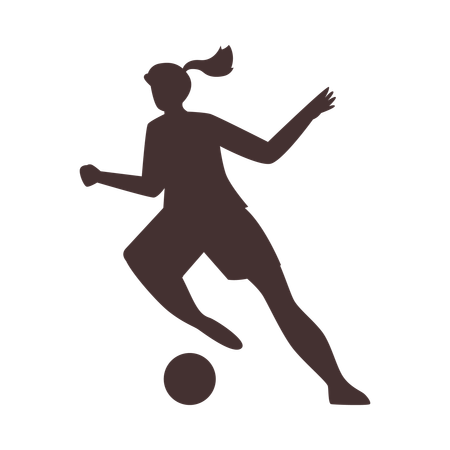Mujer pateando un balón durante un partido de fútbol (silueta negra)  Ilustración