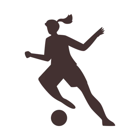 Mujer pateando un balón durante un partido de fútbol (silueta negra)  Ilustración