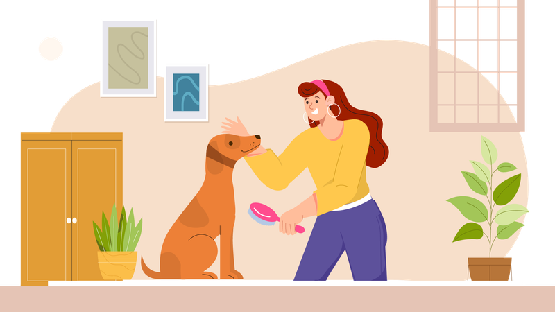 Mujer peinando a su perro  Ilustración