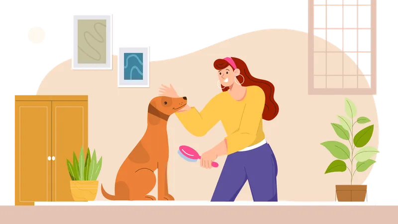 Mujer peinando a su perro  Ilustración