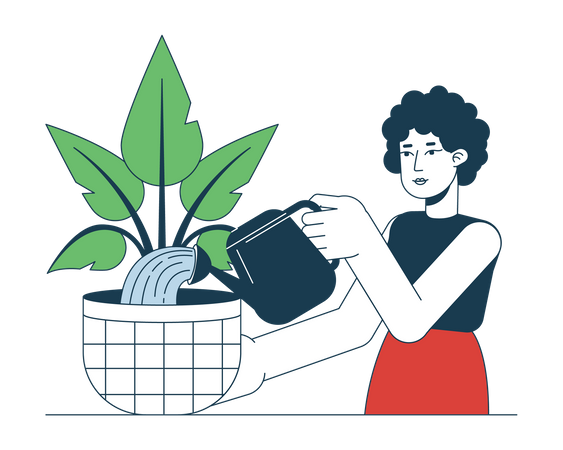 Mujer de pelo rizado regando la planta de la casa  Ilustración