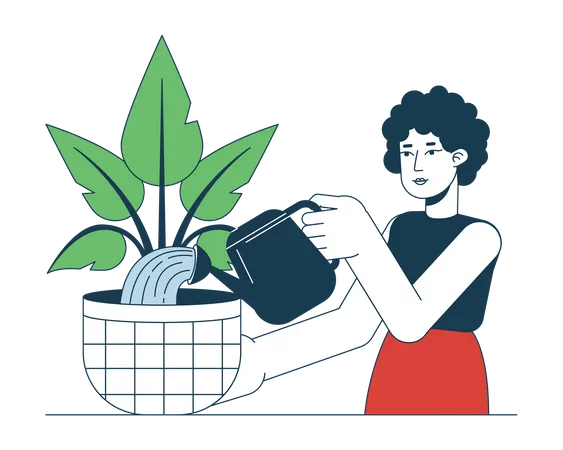 Mujer de pelo rizado regando la planta de la casa  Ilustración
