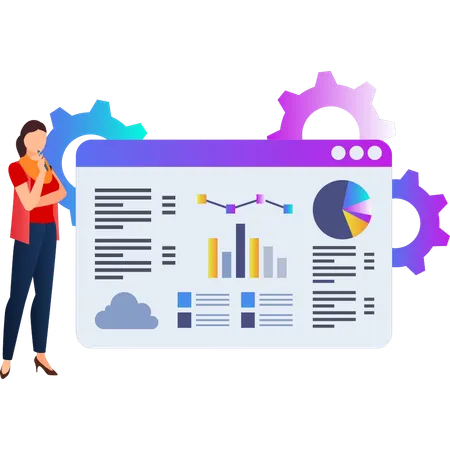 Mujer pensando en la configuración del gráfico de negocios  Ilustración