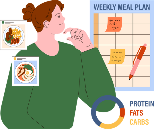 Mujer pensando en el plan de alimentación semanal  Ilustración