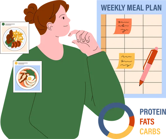 Mujer pensando en el plan de alimentación semanal  Ilustración