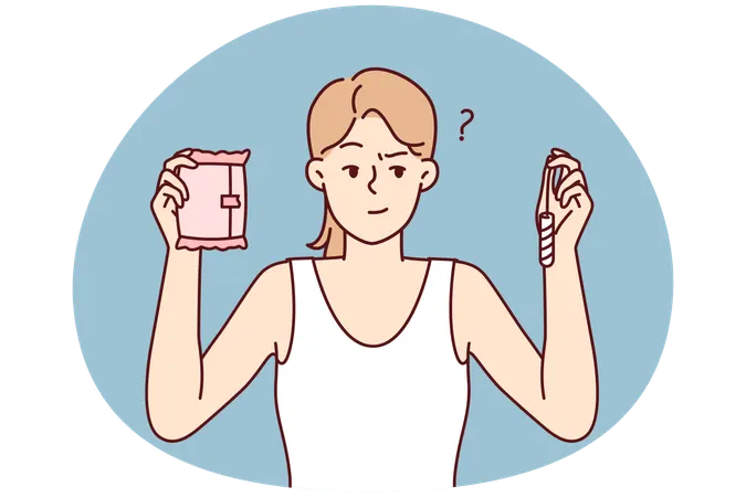 Mujer pensativa sosteniendo un tampón y una toalla sanitaria y eligiendo qué usar durante la menstruación  Ilustración